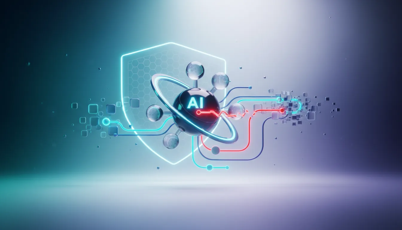 Abstract AI core protected by a shield, with glowing circuits and data streams representing network connections and security.