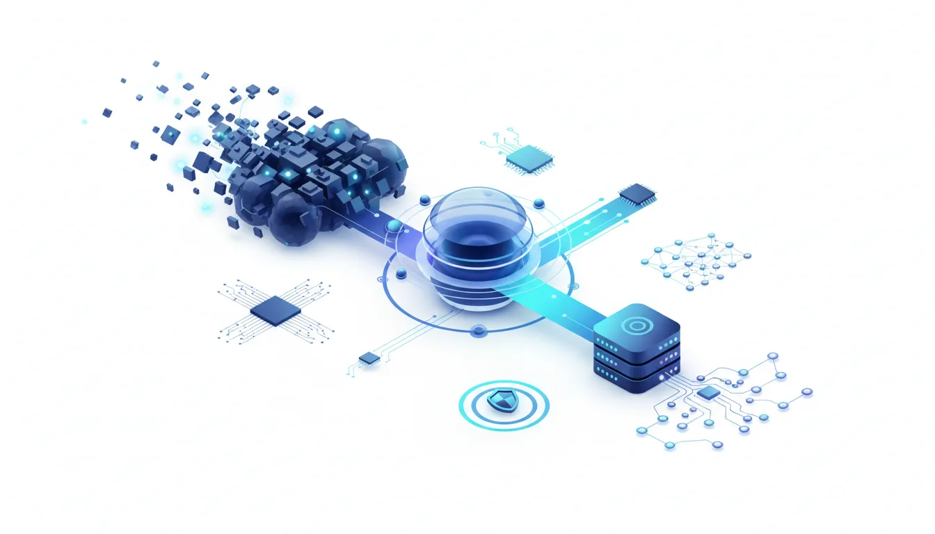 Abstract illustration of AI data processing with cubes, circuits, and server stacks, symbolizing efficient enterprise AI solutions.