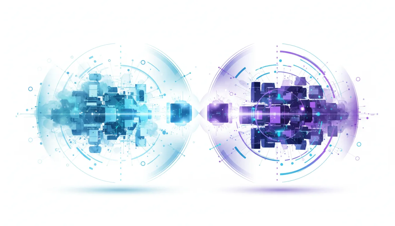 Abstract digital art depicting two opposing clusters of glowing cubes connected by light, symbolizing AI model competition and data flow.