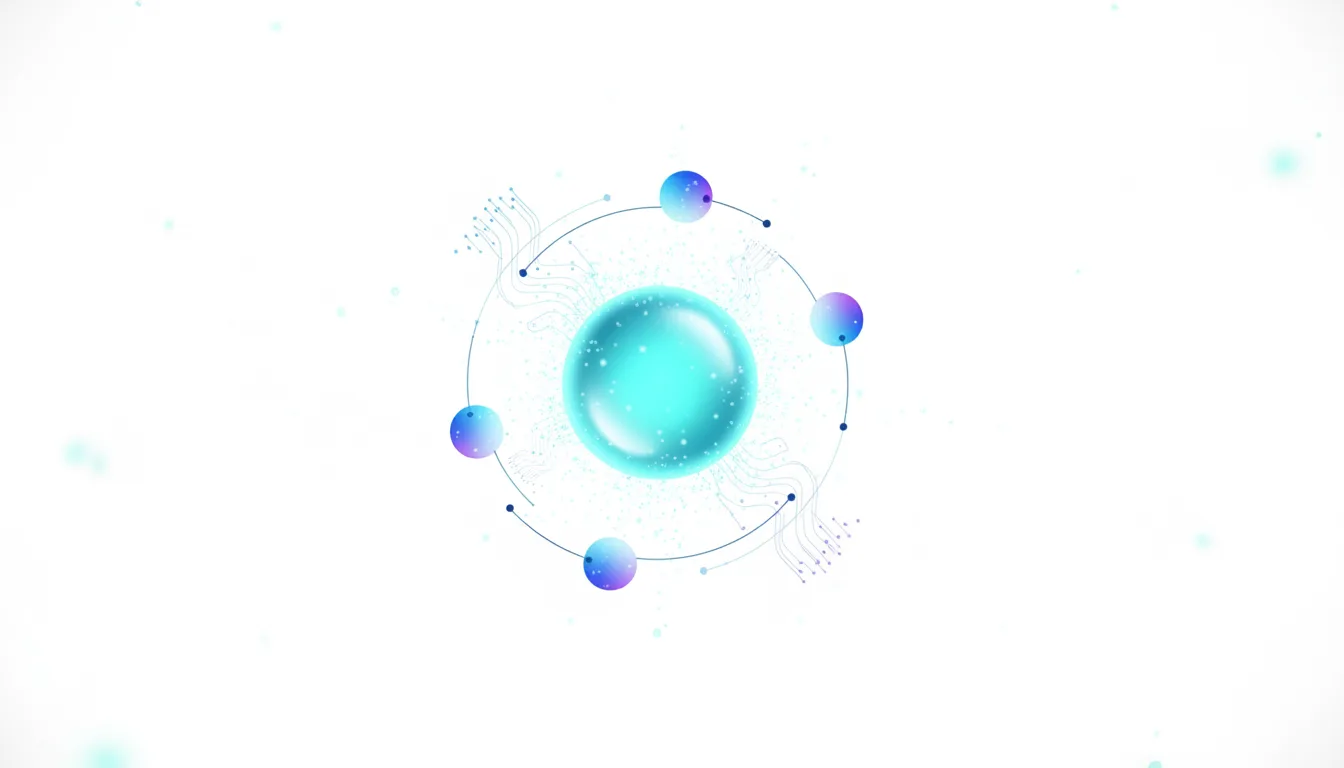 Abstract visualization of a central glowing orb surrounded by smaller spheres within a circular network, representing AI development.