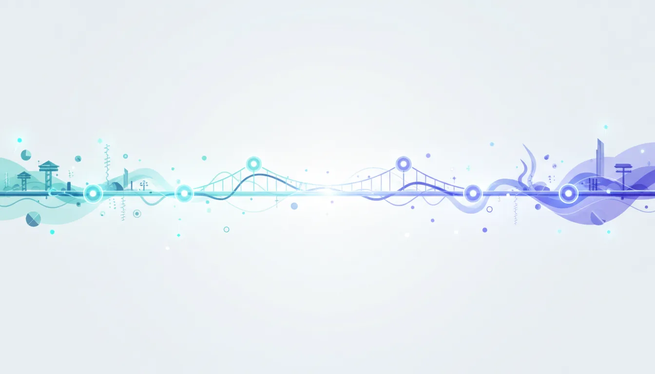 Abstract visualization of a bridge connecting two sides with flowing lines and data points, representing AI model connections and data flow.