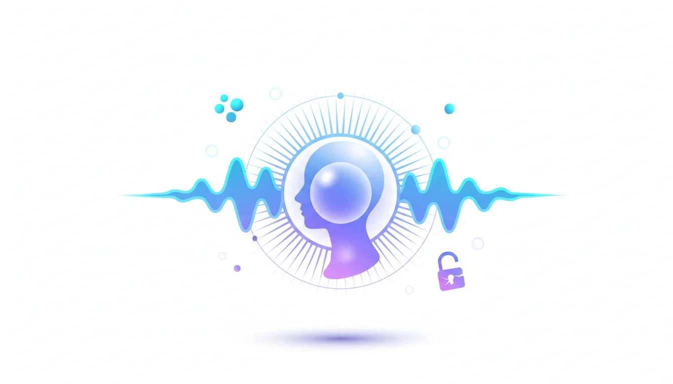 Abstract illustration of a human head profile with sound waves and an unlocked padlock, representing AI voice technology and security.