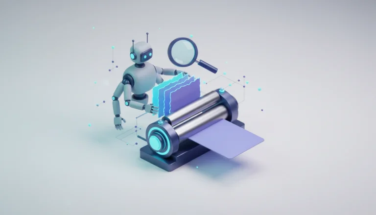 3D illustration of a robot pushing a roller that flattens jagged, uneven research documents into smooth pages, with a magnifying glass nearby.