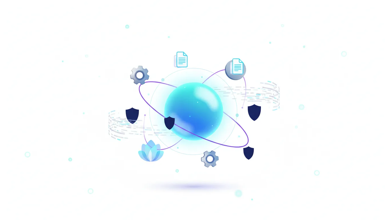 Abstract representation of AI workflow integration with a central sphere, connected gears, document icons, and security shields.