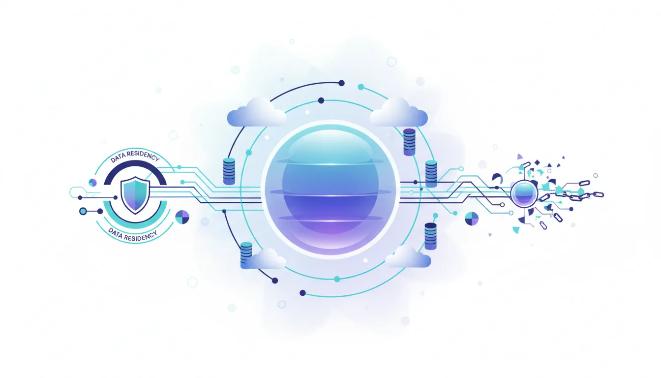 Abstract network diagram showing data residency shield, cloud icons, stacked databases, and a central glowing sphere connected by circuits.