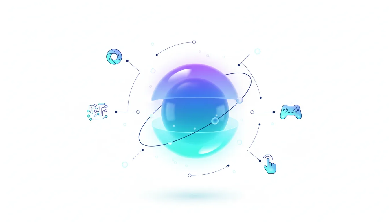 Abstract visualization of a central glowing sphere surrounded by icons representing AI functions like circuits, a camera lens, a game controller, and user interaction.