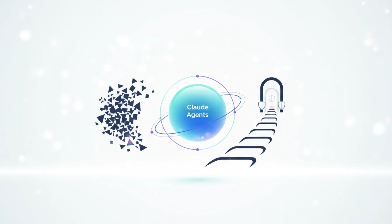 Abstract representation of Claude Agents with a glowing sphere and a path leading to a secure gateway.