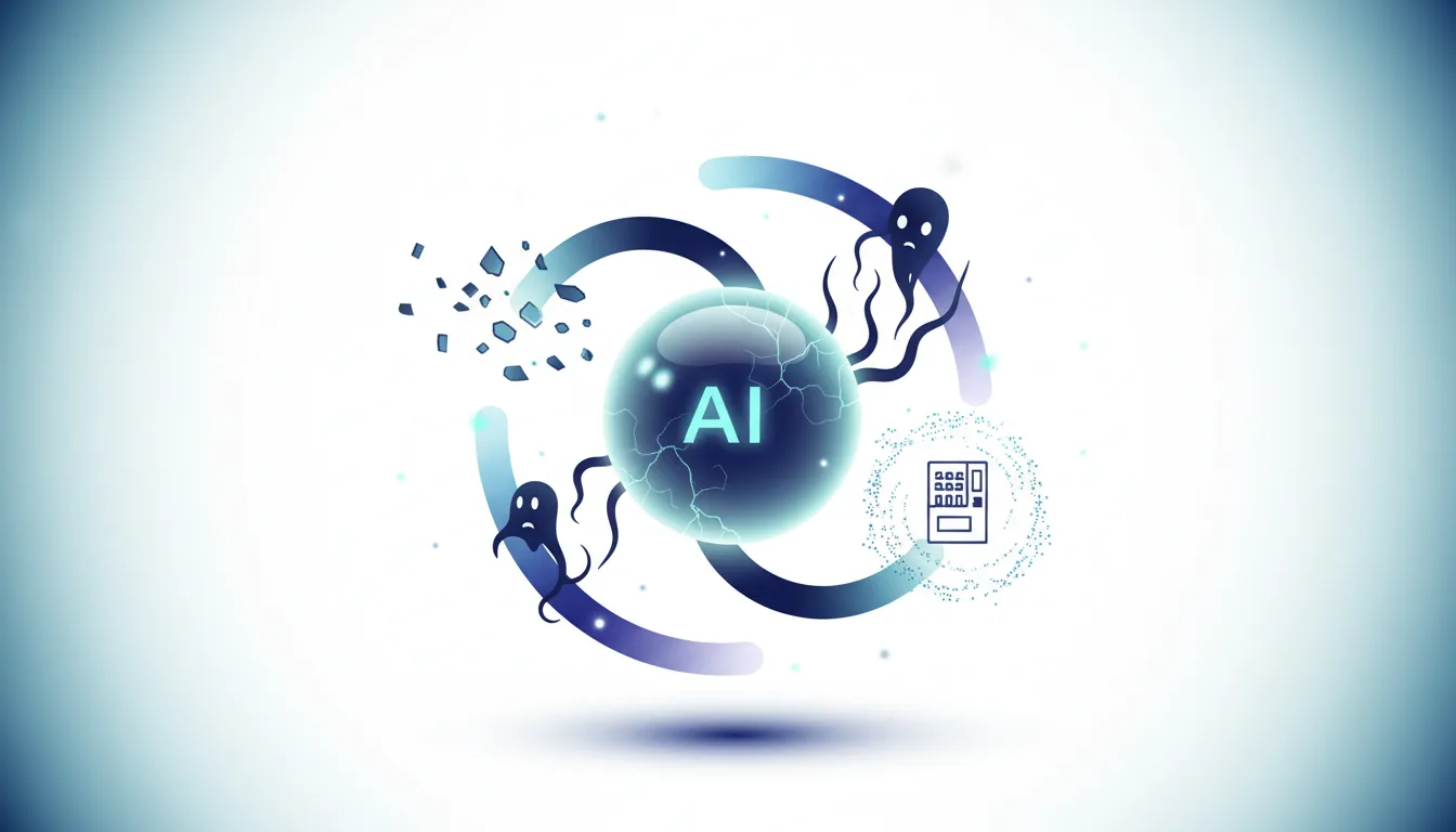 Abstract representation of AI failures including a cracked AI sphere, menacing figures, and a vending machine icon.
