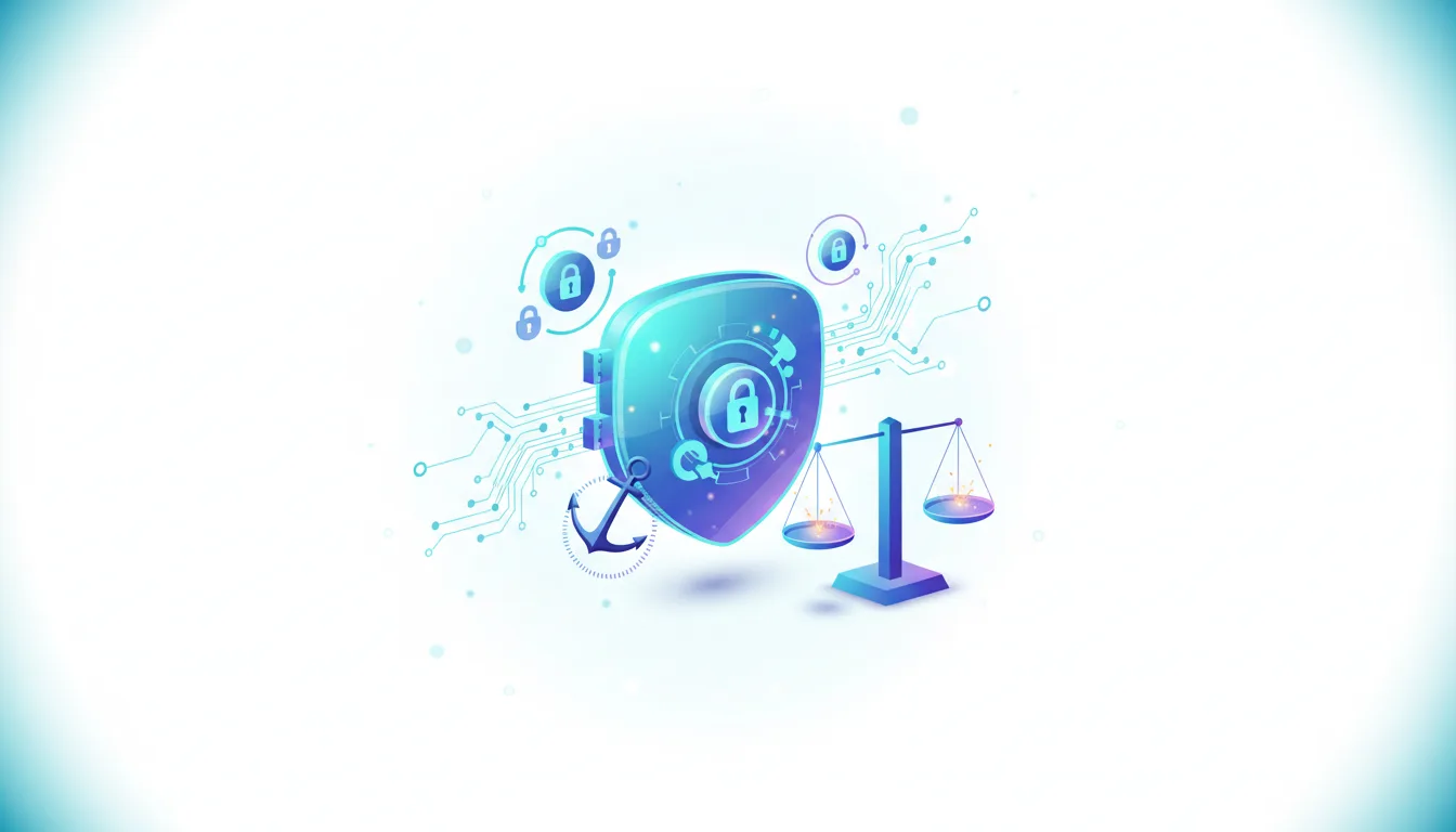Abstract illustration of a shield with a lock, an anchor, and scales of justice, symbolizing Claude API security and authentication.