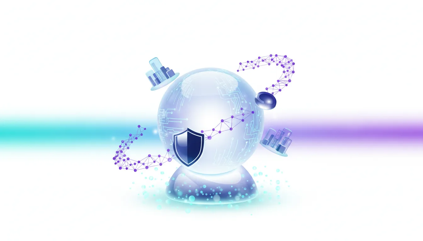 Crystal ball with AI network connections and shield symbolizing secure AI development and enterprise adoption of Anthropic's Claude LLMs.