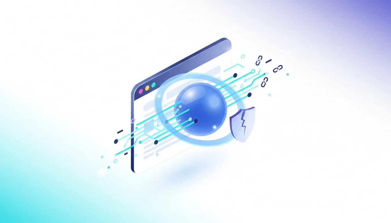 Isometric illustration of a browser window with a glowing orb and a cracked shield, symbolizing AI browser automation and security risks.