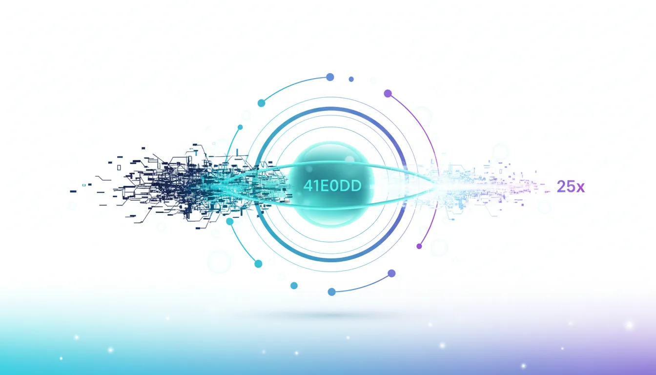Abstract visualization of AI processing data, showing a digital eye with code fragments and the number 25x, representing Claude Code's performance gains.