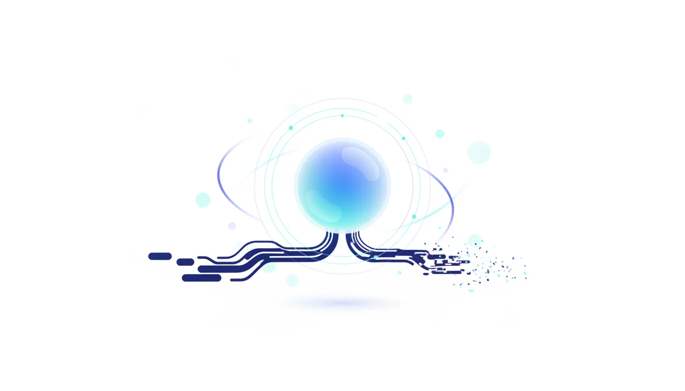 Abstract representation of AI technology with a glowing sphere connected to digital circuits and data streams.