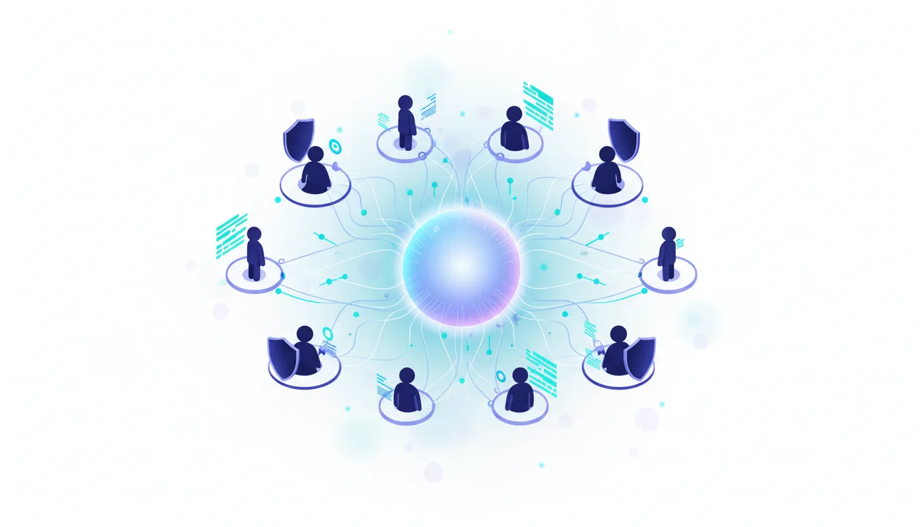 Abstract visualization of an AI core connecting multiple users with security shields and code snippets, representing distributed AI team collaboration.