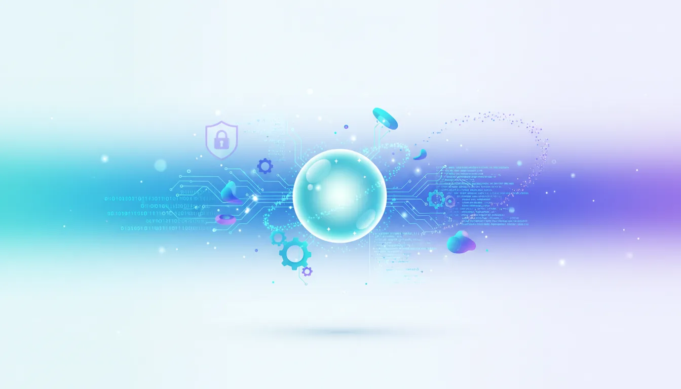 Abstract digital art depicting a glowing orb surrounded by circuits, gears, code, and security icons, symbolizing AI's evolving role in building complex systems.