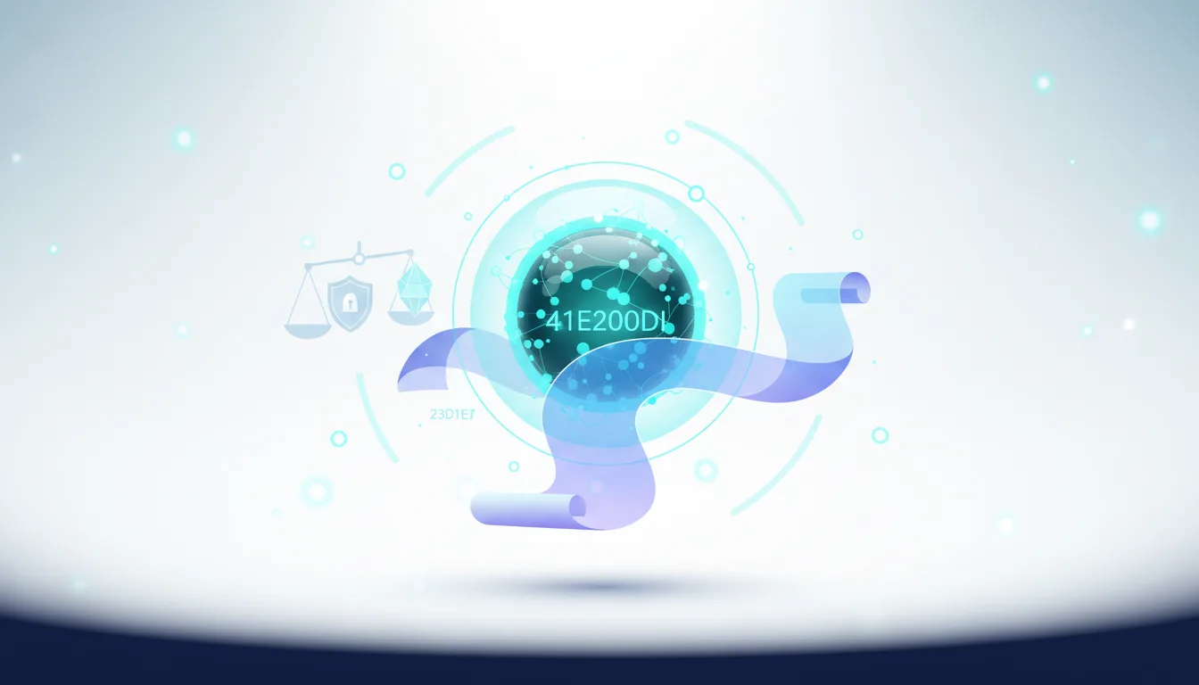 Abstract visualization of AI governance with a glowing sphere, a scroll, and scales of justice representing ethical principles and AI safety.