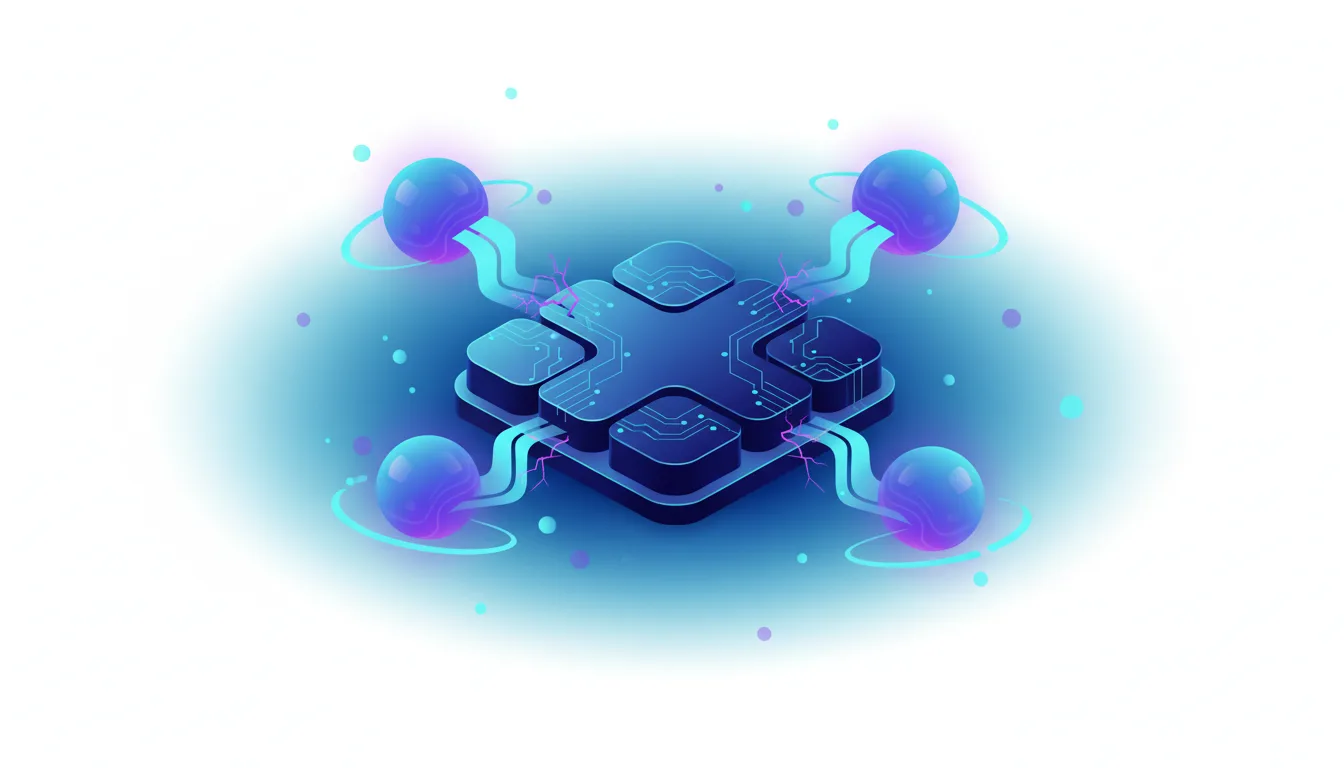 Abstract illustration of a central AI processing unit connected to four glowing spheres via digital pathways, symbolizing data flow and AI integration.