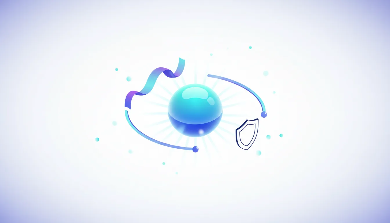 Abstract illustration of a glowing blue sphere surrounded by ribbons and a shield icon, symbolizing secure AI workflows.
