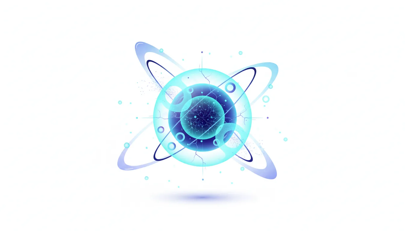 Abstract glowing atomic structure with orbiting rings and internal glowing core, representing AI technology.