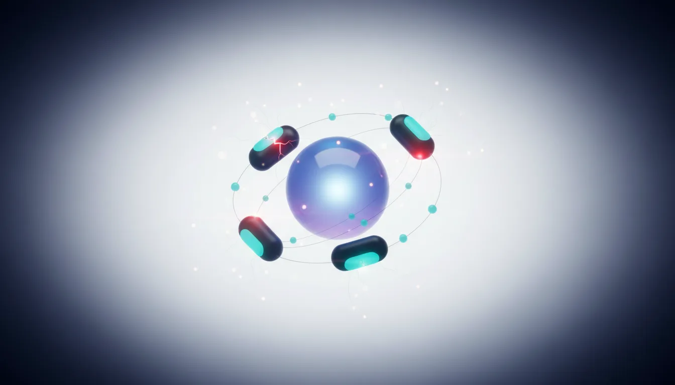 Abstract representation of an AI system with a central sphere and orbiting capsule-like components, symbolizing AI security and vulnerabilities.