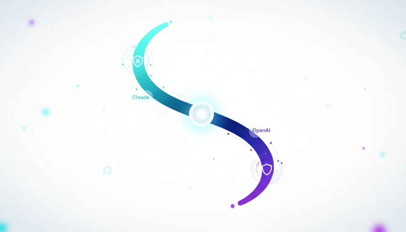 Abstract graphic showing a curved line connecting Claude with a shield and cross to OpenAI with a shield, representing ethical AI choices.