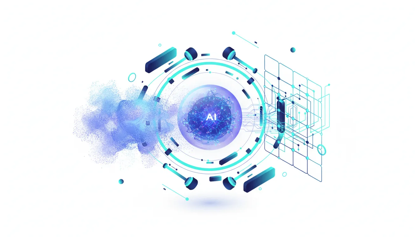Abstract visualization of AI core processing with interconnected nodes and data streams, representing deterministic evaluation.