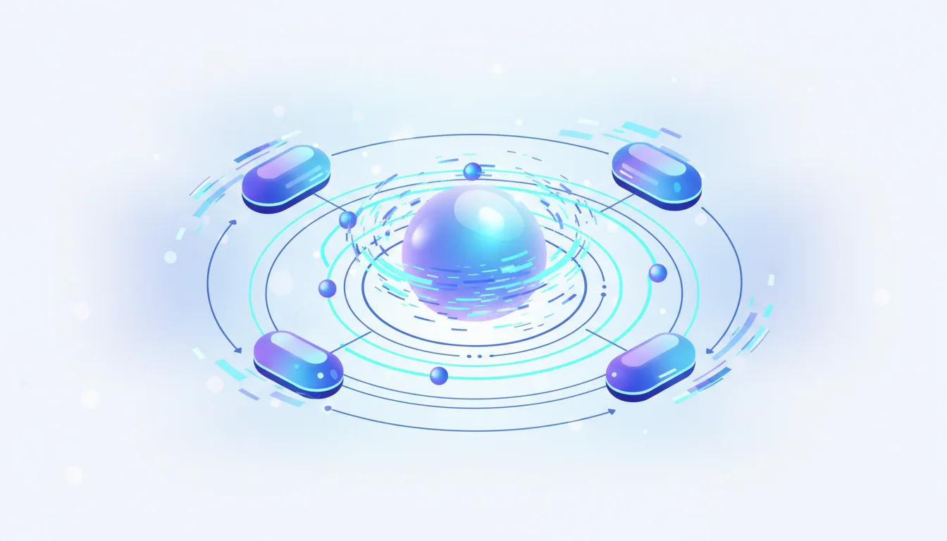 Abstract visualization of a central glowing sphere connected by lines to surrounding capsule-like nodes, representing AI multi-agent systems.