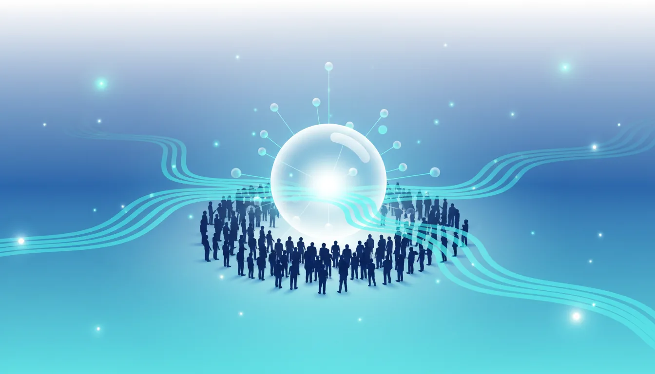 Silhouettes of people gathered around a glowing orb connected by lines, representing AI adoption and enterprise focus.