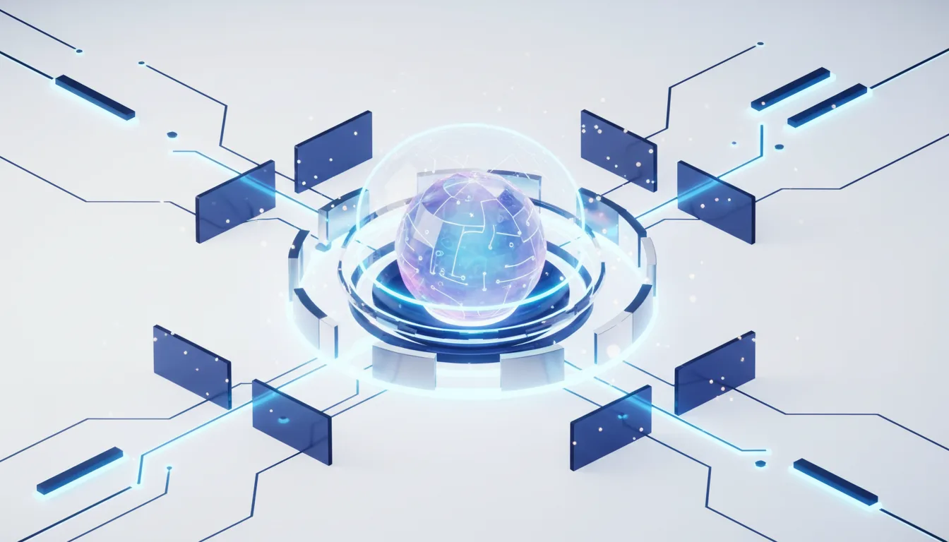 Abstract visualization of a glowing digital sphere at the center of interconnected circuits, representing advanced AI technology.