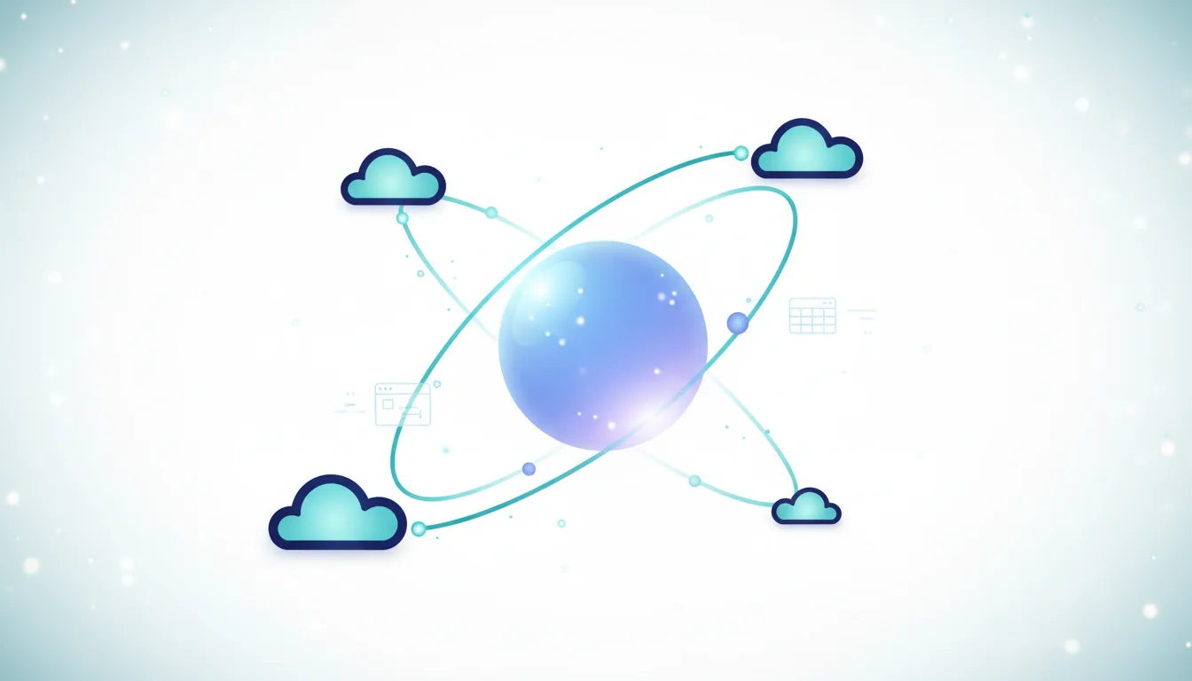 Abstract illustration of a central glowing sphere connected to four cloud icons, symbolizing multi-platform AI integration and cloud services.