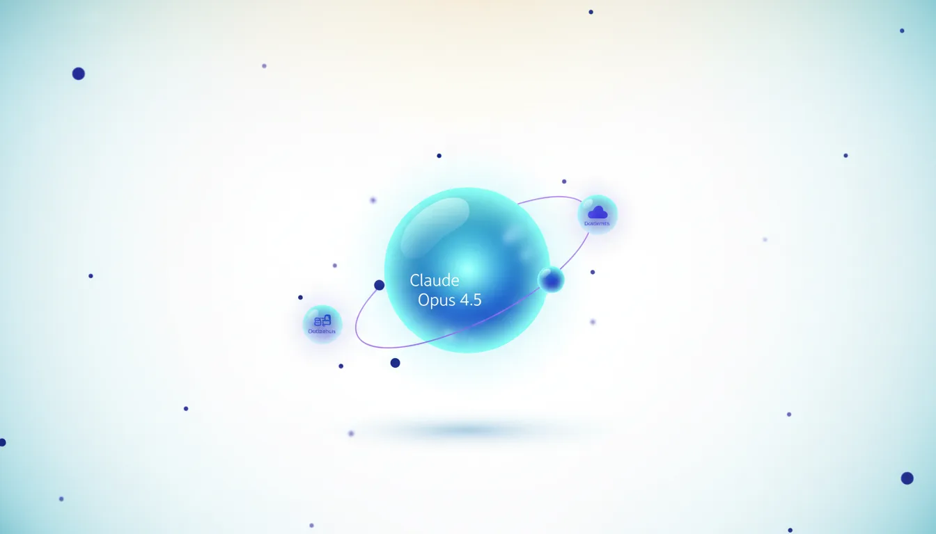 Claude Opus 4.5 AI model represented as a glowing blue sphere with orbiting smaller spheres and cloud icons, symbolizing enterprise integration.