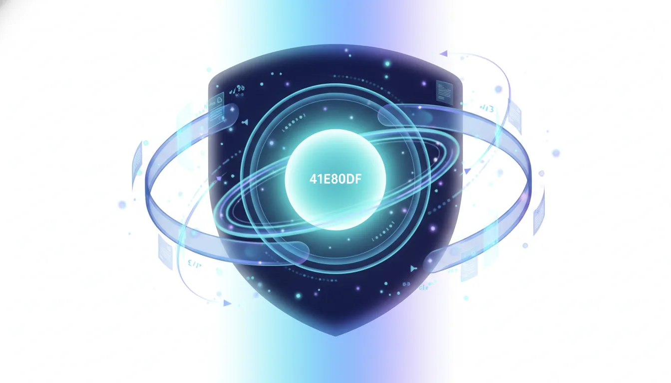 Abstract shield with glowing orb and orbiting rings representing AI security and advanced technology.