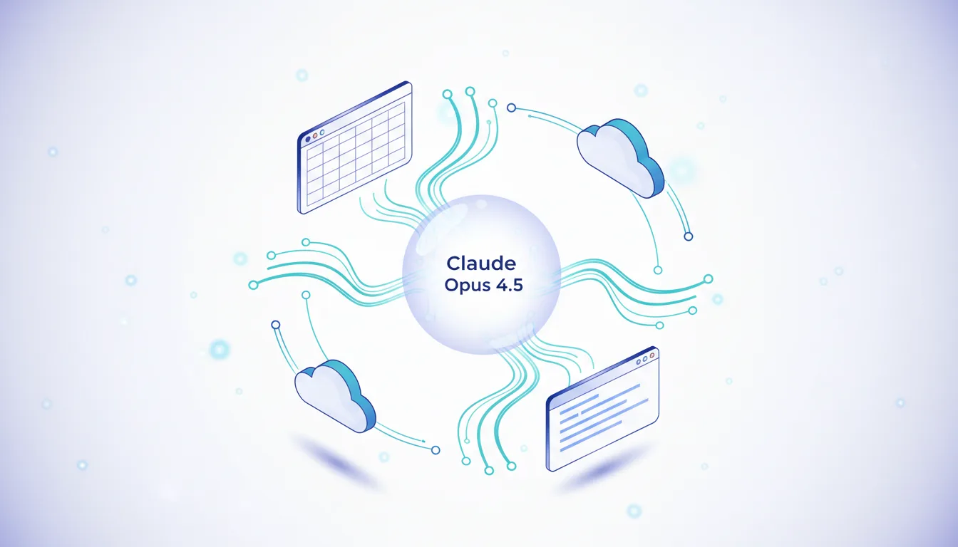Claude Opus 4.5 AI model at the center, connected to cloud services, a spreadsheet, and a code interface, illustrating enterprise integration.