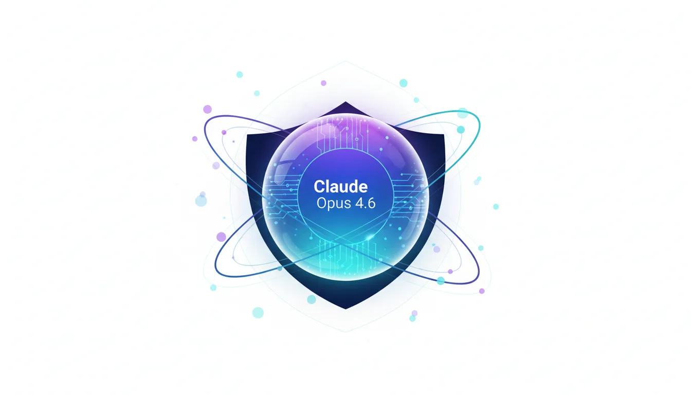 Claude Opus 4.6 AI model represented by a glowing orb within a shield, surrounded by abstract atomic orbits and digital circuits.