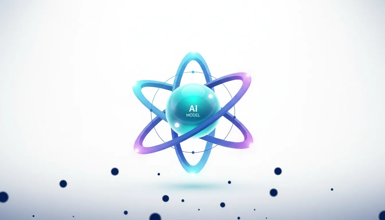 Abstract atomic model representing an AI model with orbiting rings and a central sphere labeled AI MODEL.