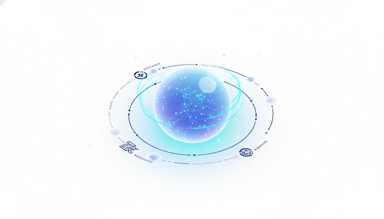 Abstract glowing sphere with interconnected nodes and orbiting rings, representing advanced AI and data processing.