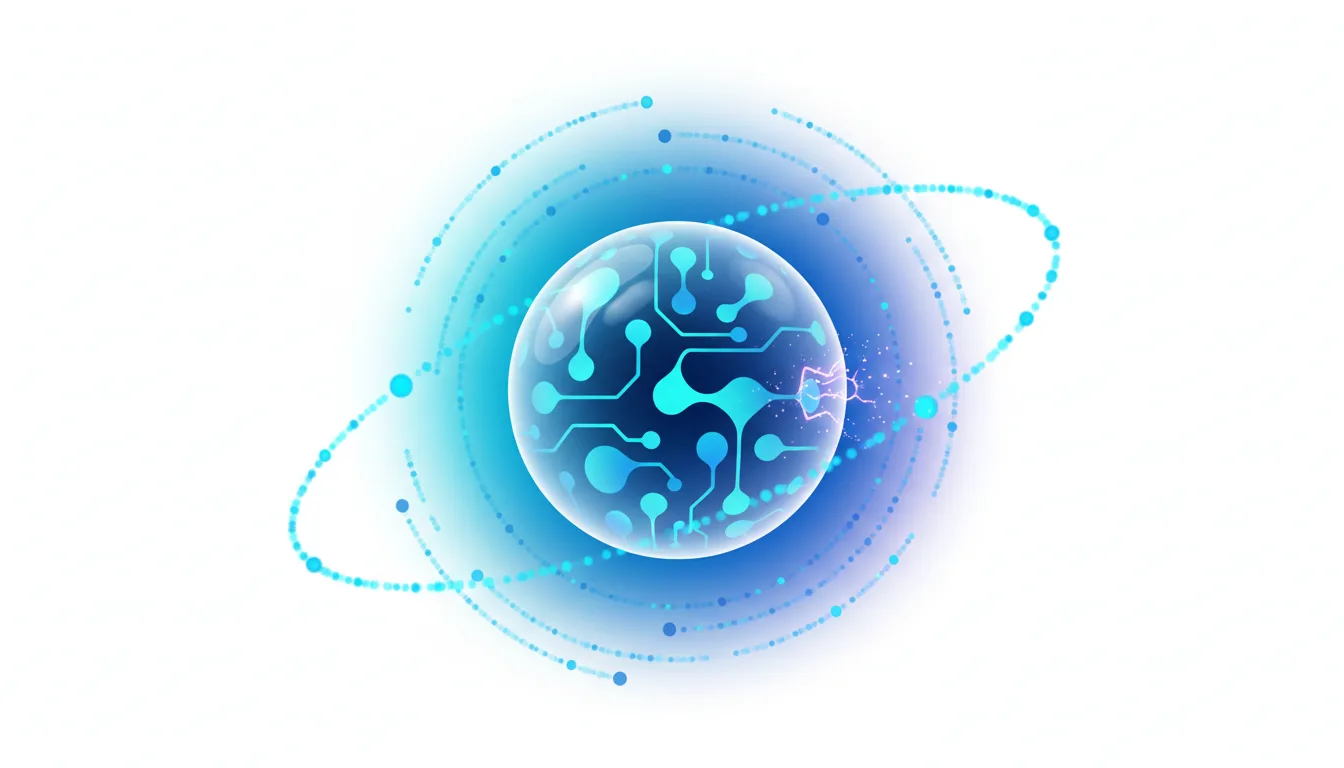 Abstract sphere with glowing blue circuit board patterns and orbiting digital particles, symbolizing AI technology and connectivity.