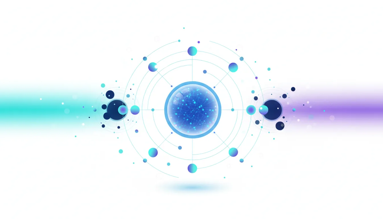 Abstract network of interconnected glowing blue spheres and dots, representing AI technology and data flow.