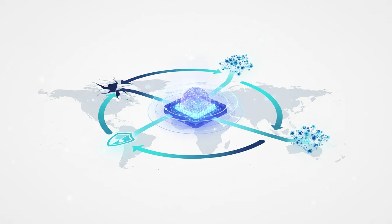 Global network diagram showing a central AI core with arrows indicating data flow, resilience, and potential disruptions from geopolitical cracks.