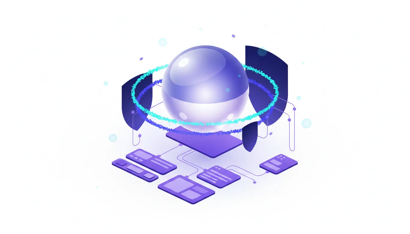 Abstract 3D illustration of a central glowing sphere surrounded by digital shields and connected to various interface elements, symbolizing AI desktop automation.