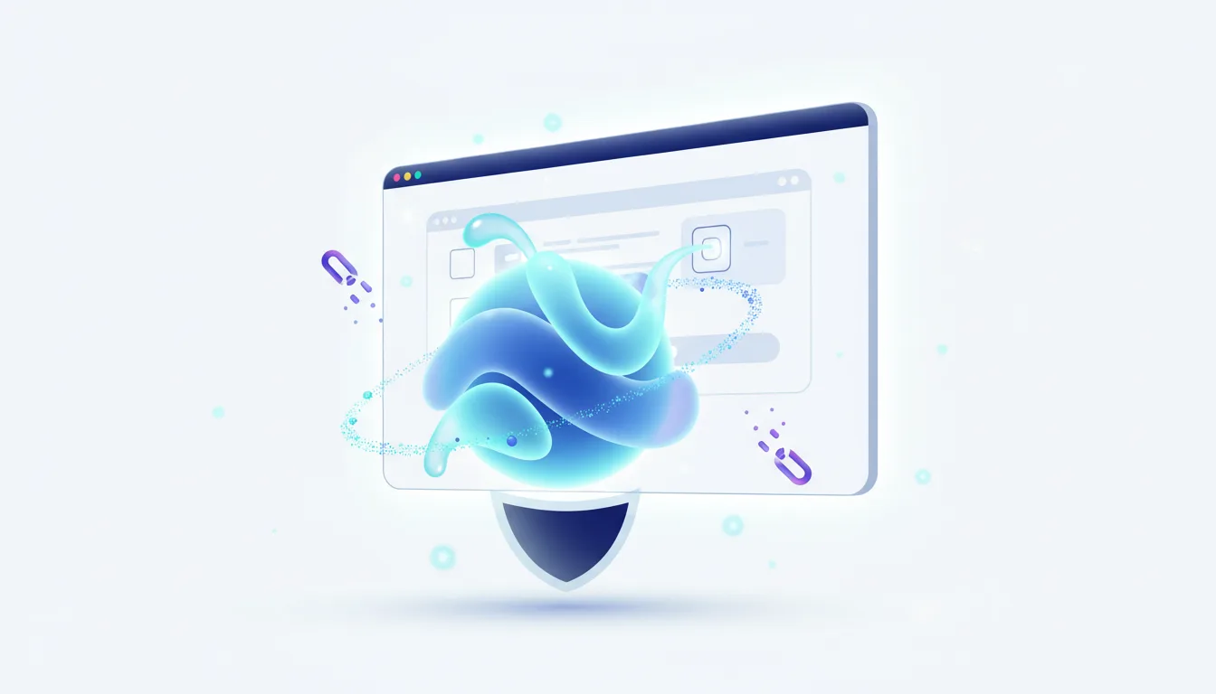 Abstract blue AI entity interacting with a computer interface, surrounded by digital links and a shield icon, symbolizing secure automation.
