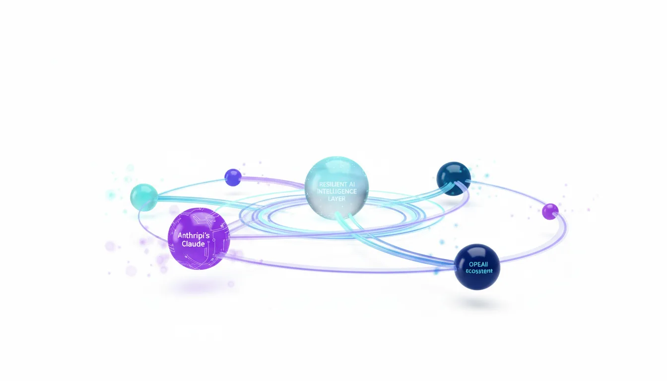 Abstract representation of a resilient AI intelligence layer connecting Anthropic's Claude and OpenAI ecosystems with orbiting nodes.