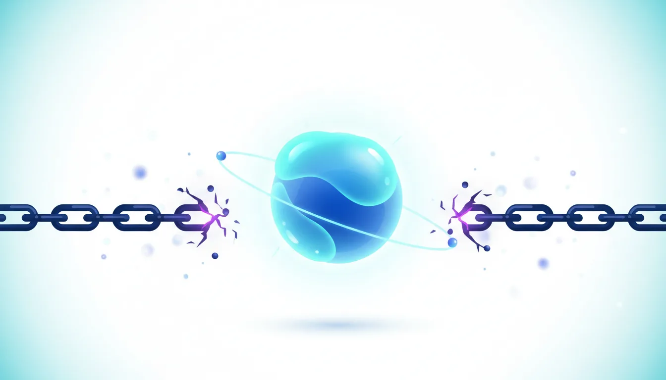 Abstract blue orb shattering a dark metal chain link, symbolizing a breakthrough or vulnerability in AI security.