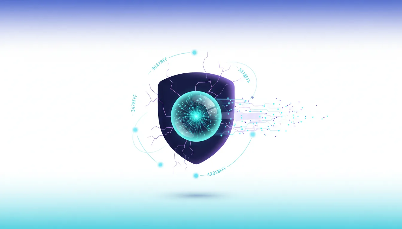 Abstract shield graphic with a glowing core, representing AI cybersecurity and a system breach with digital data fragments.