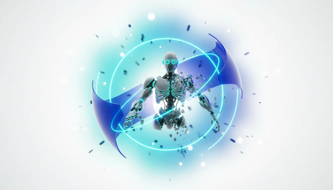 A futuristic robot with glowing eyes is surrounded by a blue energy shield and swirling particles, symbolizing AI development and protection.