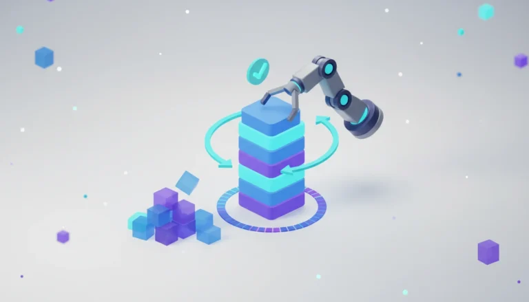3D illustration of a robotic arm rearranging an already tidy stack of glowing code blocks while duplicate blocks pile up beside it