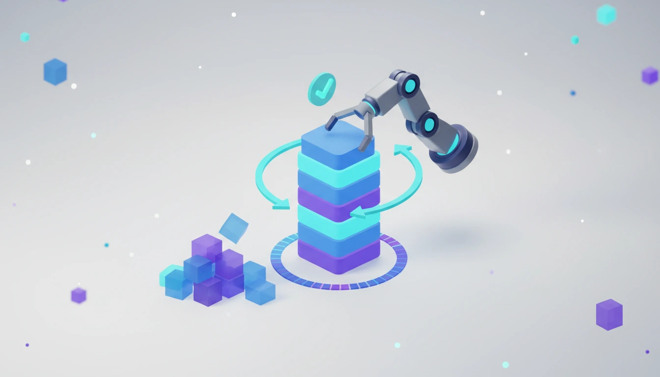 3D illustration of a robotic arm rearranging an already tidy stack of glowing code blocks while duplicate blocks pile up beside it