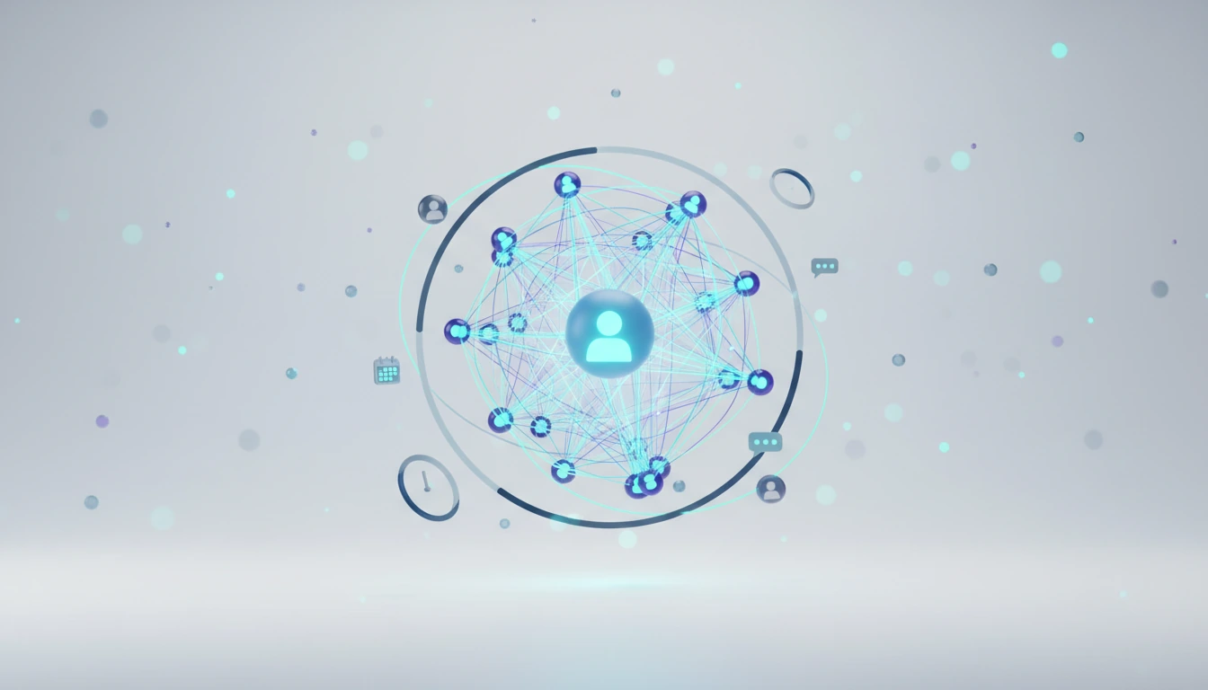 3D illustration of a network of glowing person nodes linked by luminous threads around a central assistant orb, with small calendar and chat icons orbiting.