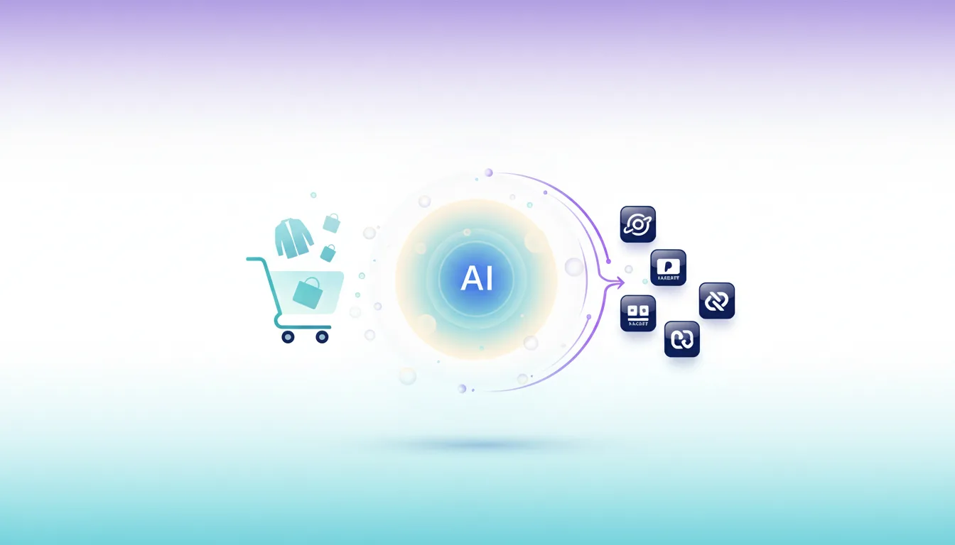 Shopping cart with clothes and bags flowing into an AI core, which then outputs various service icons representing agentic commerce.
