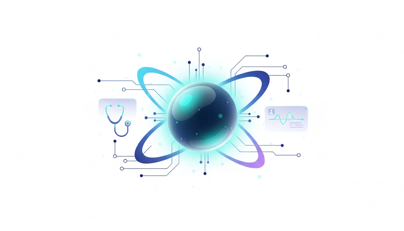 Abstract representation of AI in healthcare with a central glowing sphere, connected circuits, a stethoscope, and patient data visualization.